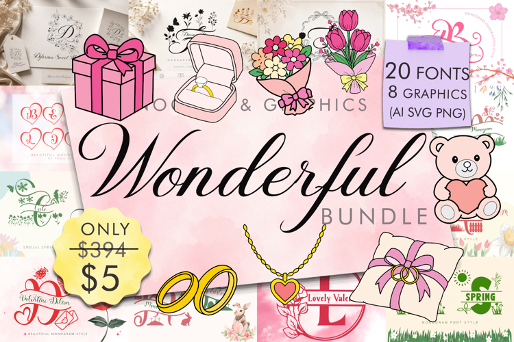 Wonderful Monogram Fonts   Graphics Bundle
