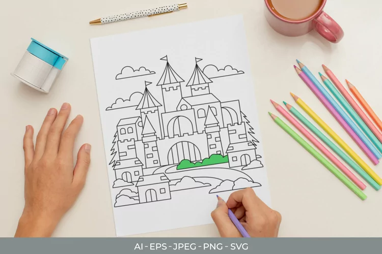 Big Castle, Trees, Clouds and Houses Coloring Page Template