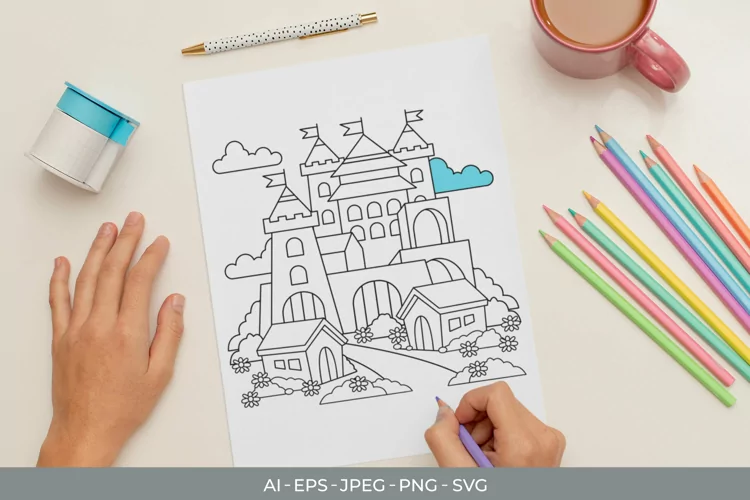 Fantasy Castle and Houses and Flowers Coloring Page Template