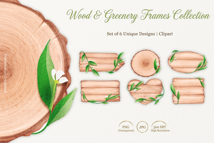 Wood & Greenery Frames | Rustic Illustration Clipart PNG