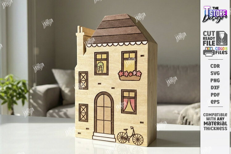 Miniature Village Blocks Toy Laser Cut | Town House example image 1