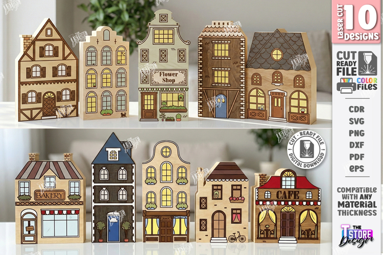 Miniature Village Blocks Toys Laser Cut Bundle | Town Houses