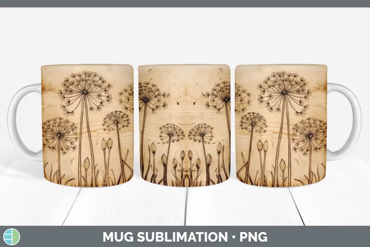 Wood Burned Allium Flowers Mug Wrap | Sublimation Coffee Cup