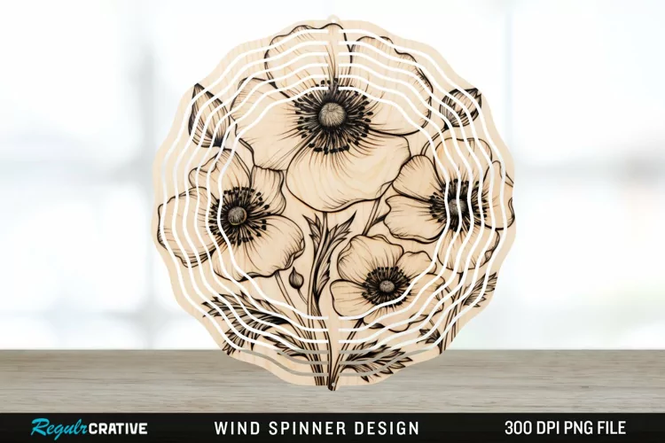 Wood Burned Anemone Flowers Wind Spinner Sublimation PNG