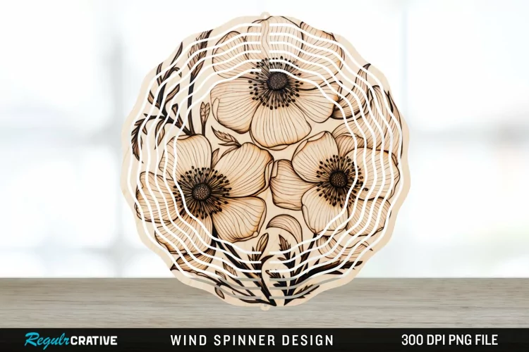 Wood Burned Anemone Flowers Wind Spinner Sublimation PNG