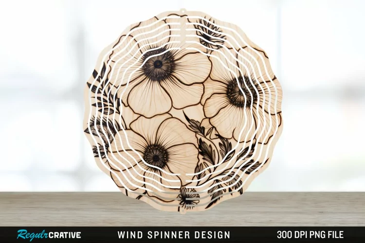 Wood Burned Anemone Flowers Wind Spinner Sublimation PNG