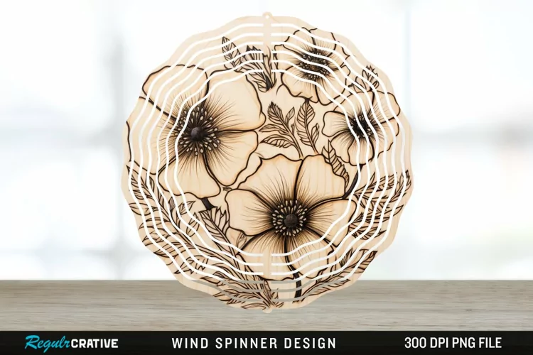 Wood Burned Anemone Flowers Wind Spinner Sublimation PNG