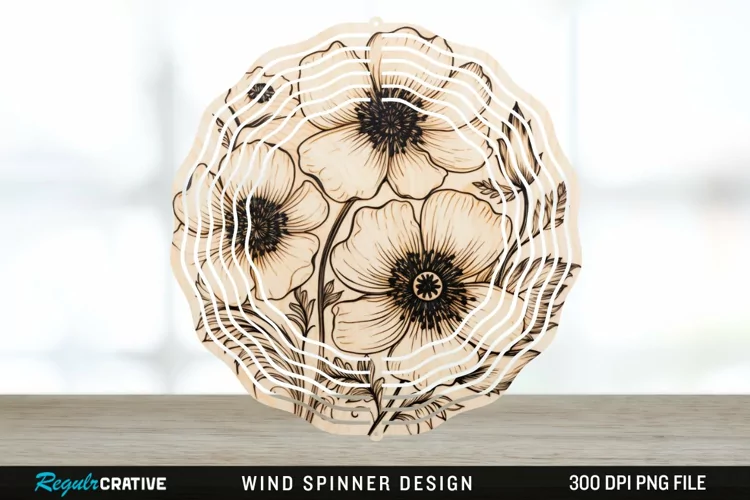 Wood Burned Anemone Flowers Wind Spinner Sublimation PNG
