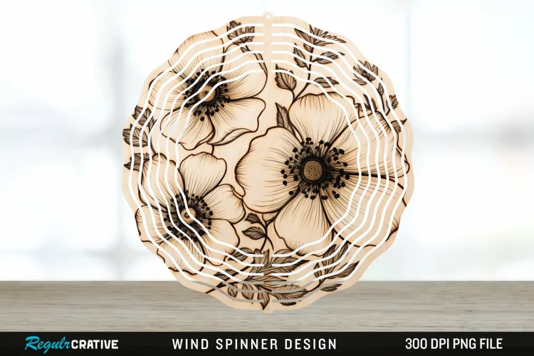 Wood Burned Anemone Flowers Wind Spinner Sublimation PNG