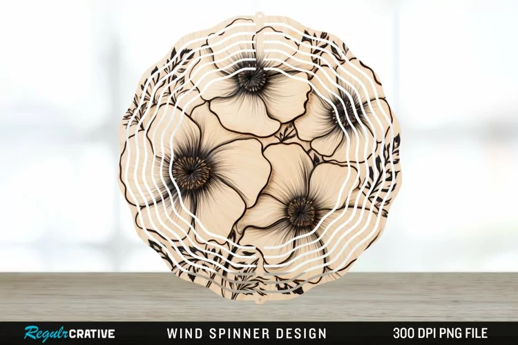 Wood Burned Anemone Flowers Wind Spinner Sublimation PNG