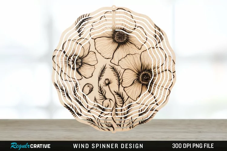 Wood Burned Anemone Flowers Wind Spinner Sublimation PNG