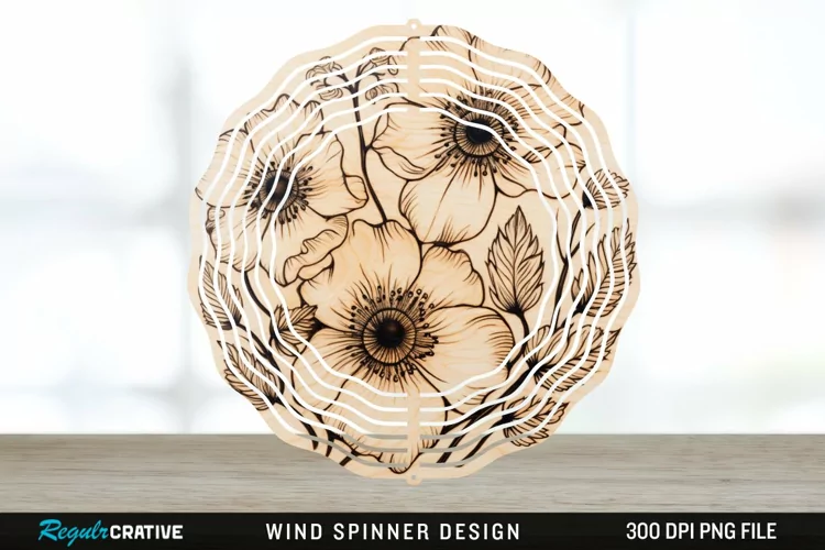 Wood Burned Anemone Flowers Wind Spinner Sublimation PNG