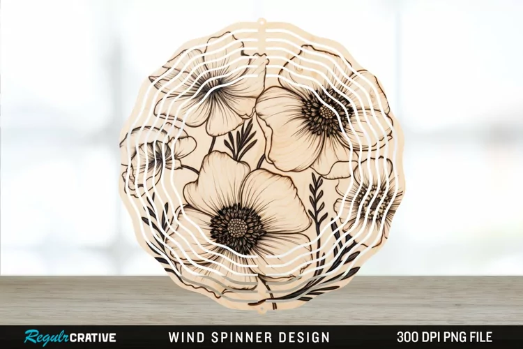 Wood Burned Anemone Flowers Wind Spinner Sublimation PNG