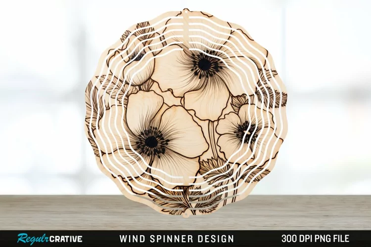 Wood Burned Anemone Flowers Wind Spinner Sublimation PNG