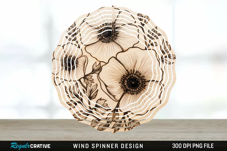 Wood Burned Anemone Flowers Wind Spinner Sublimation PNG