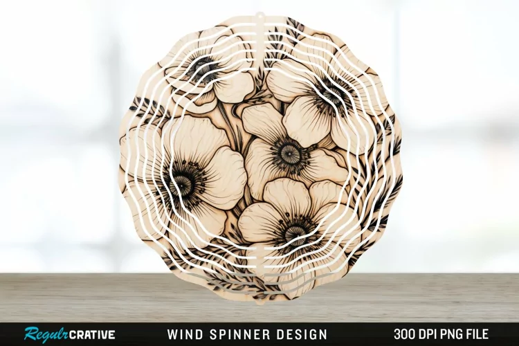 Wood Burned Anemone Flowers Wind Spinner Sublimation PNG