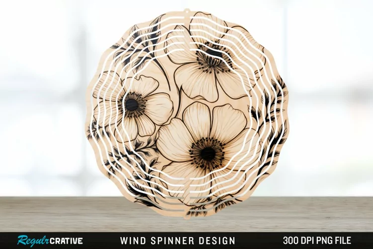 Wood Burned Anemone Flowers Wind Spinner Sublimation PNG