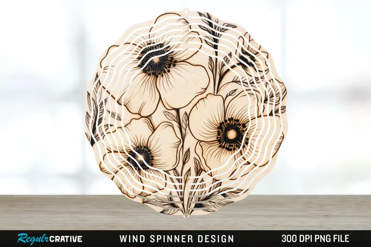 Wood Burned Anemone Flowers Wind Spinner Sublimation PNG