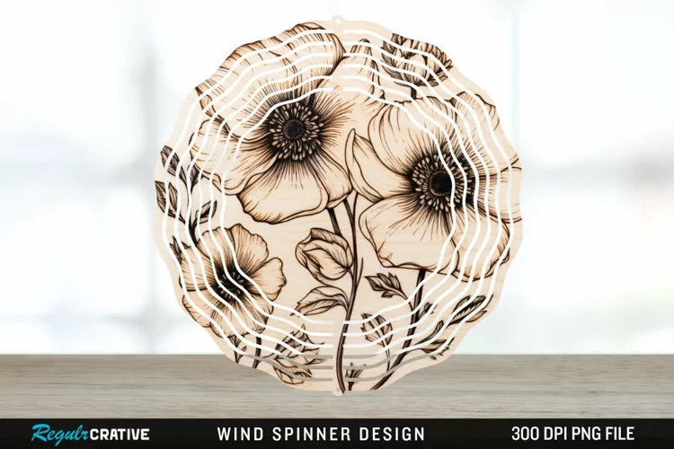 Wood Burned Anemone Flowers Wind Spinner Sublimation PNG