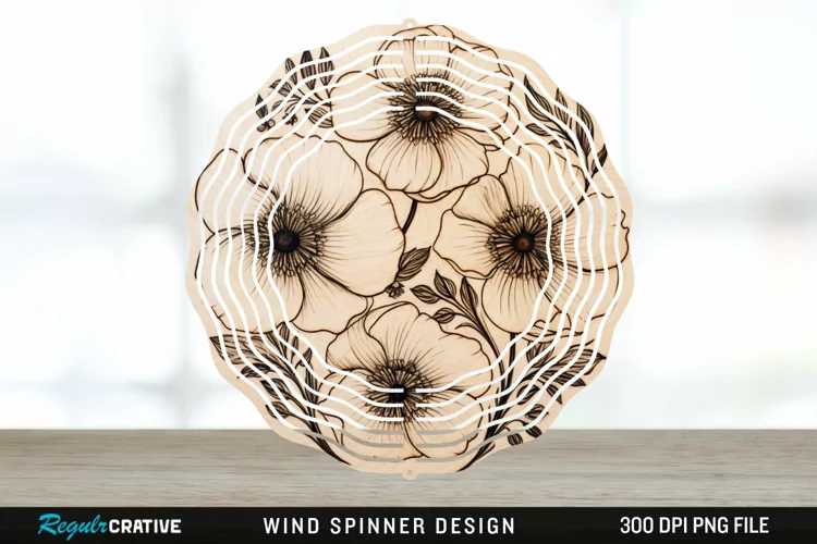 Wood Burned Anemone Flowers Wind Spinner Sublimation PNG