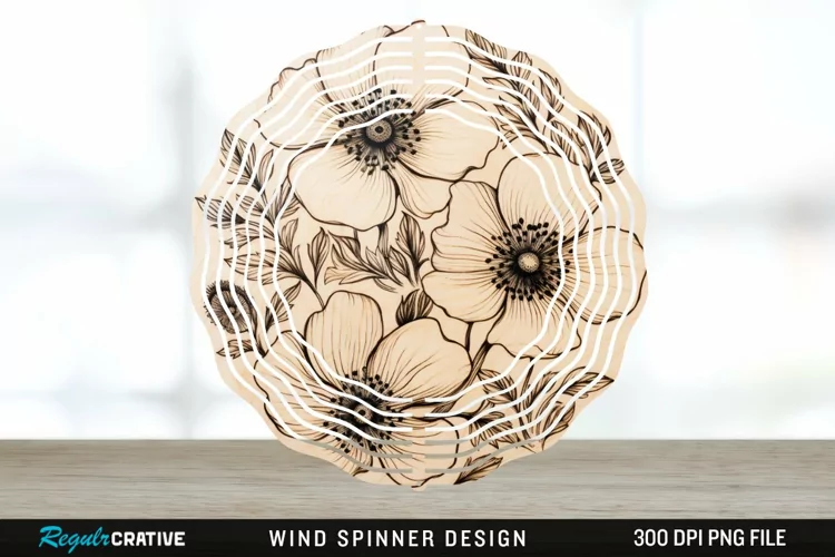 Wood Burned Anemone Flowers Wind Spinner Sublimation PNG