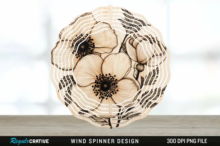 Wood Burned Anemone Flowers Wind Spinner Sublimation PNG