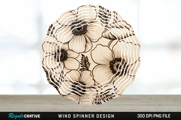 Wood Burned Anemone Flowers Wind Spinner Sublimation PNG