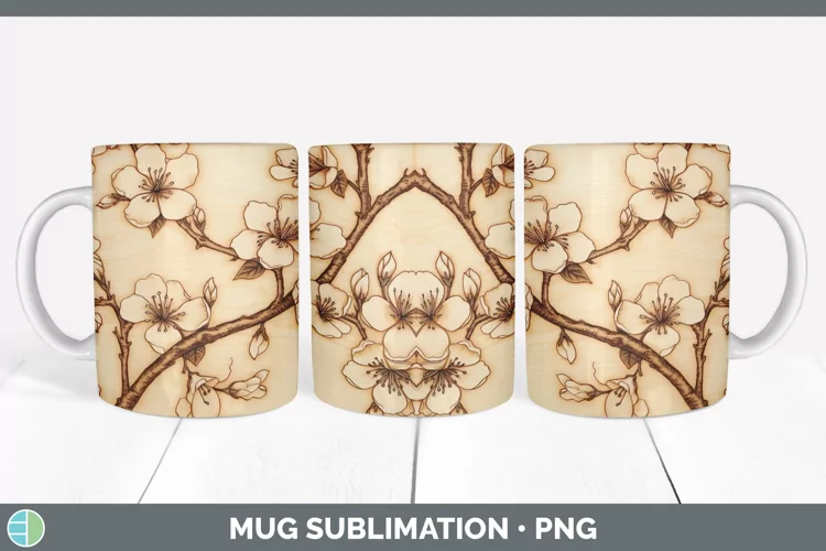 Wood Burned Apple Blossom Flowers Mug Wrap | Sublimation Cof