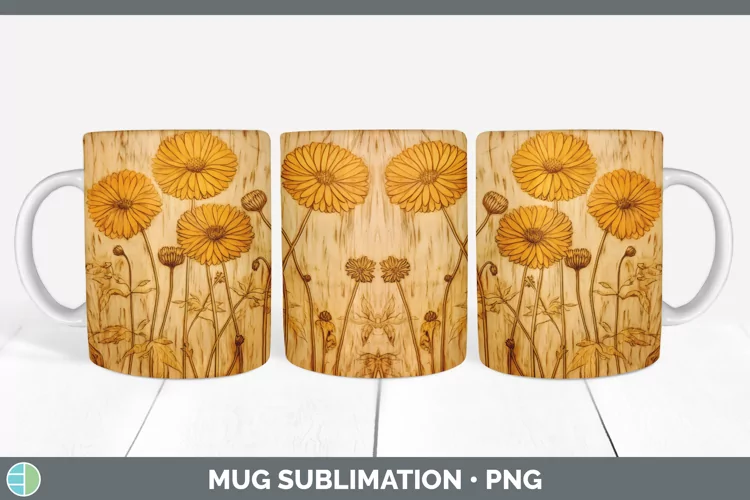 Wood Burned Calendula Flowers Mug Wrap | Sublimation Coffee
