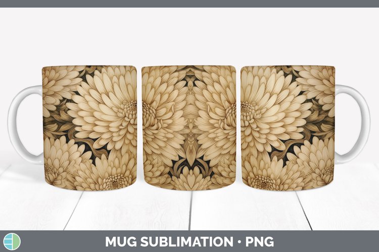 Wood Burned Chrysanthemum Flowers Mug Wrap | Sublimation Cof