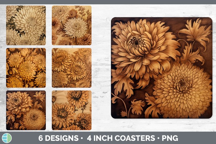 Bundle of six Pyrographic Chrysanthemums Square Coaster designs.