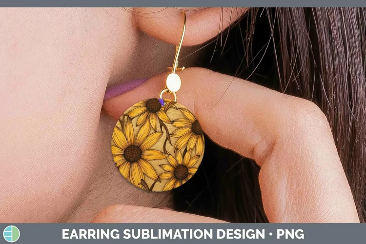 Wood Burned Black-eyed Susan Round Earrings Sublimation