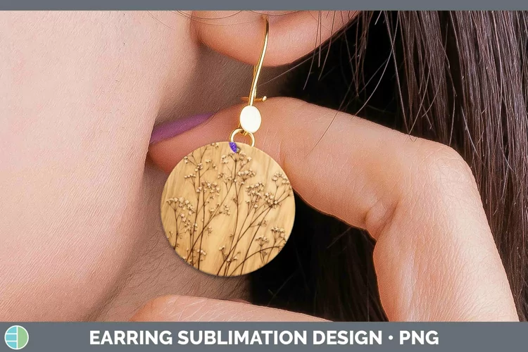 Wood Burned Babys Breath Gypsophila Round Earrings