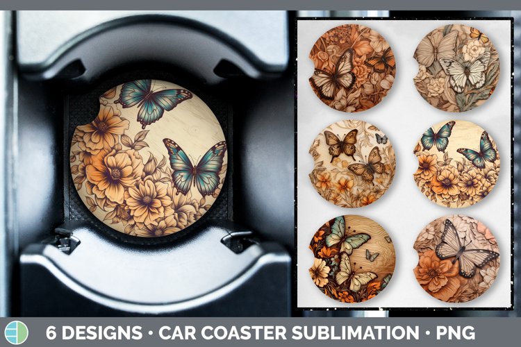 Wood Burned Floral Butterflies Car Coaster | Sublimation Coa