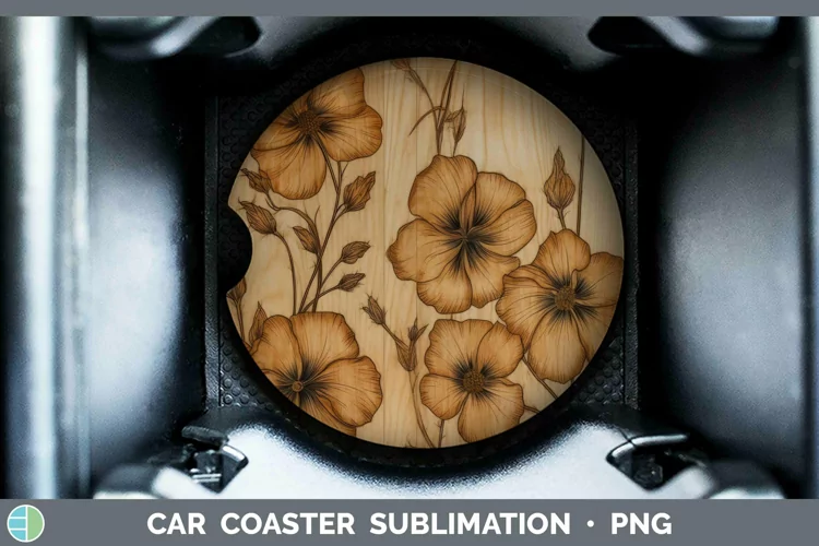 Wood Burned Flowers Abutilon Car Coaster Sublimation Coaster