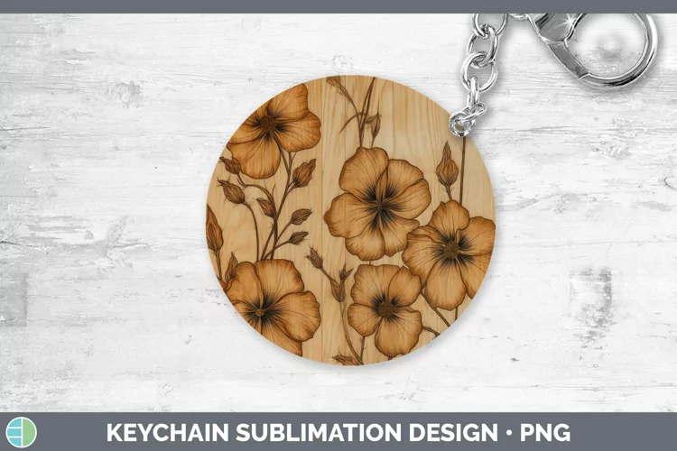 Wood Burned Flowers Abutilon Keychain Sublimation Keyring De