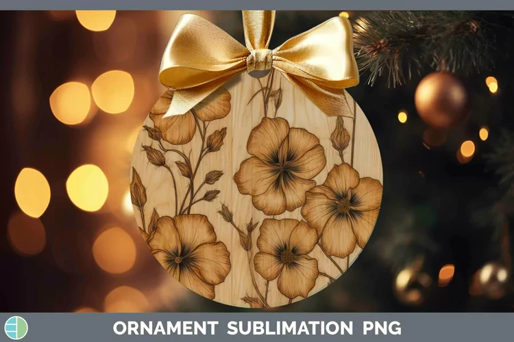 Wood Burned Flowers Abutilon Ornament Sublimation Bauble Des