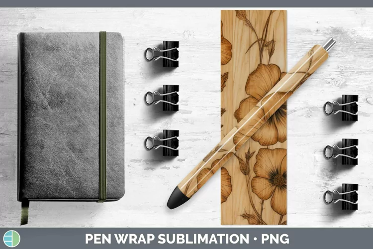 Wood Burned Flowers Abutilon Pen Wrap Sublimation Epoxy Pen
