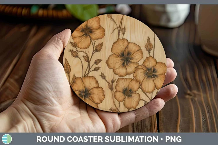 Wood Burned Flowers Abutilon Round Coaster Sublimation Coast