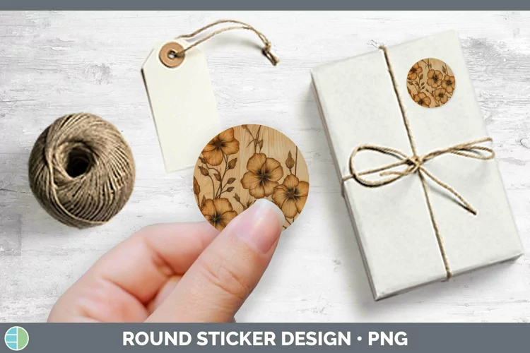 Wood Burned Flowers Abutilon Stickers | Round Labels Designs