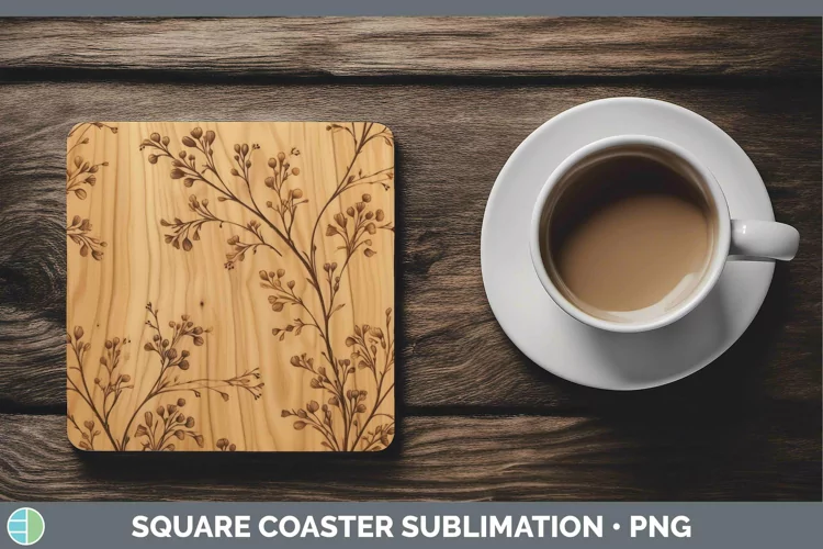 Wood Burned Flowers Acacia Square Coaster Sublimation Coaste