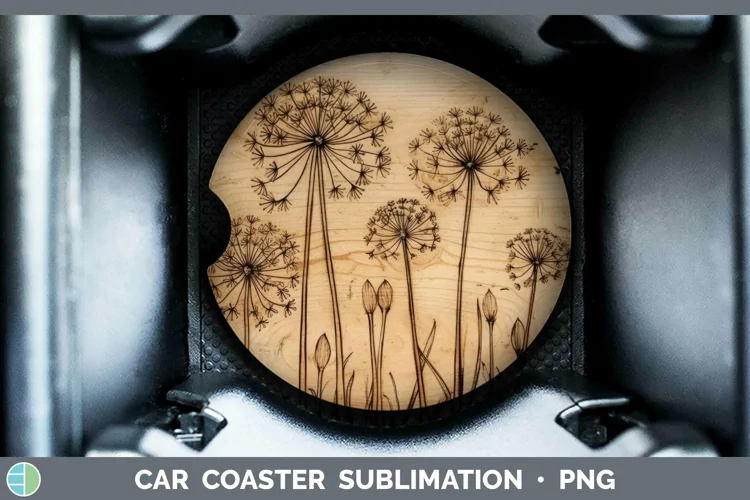 Wood Burned Flowers Allium Car Coaster Sublimation Coaster D