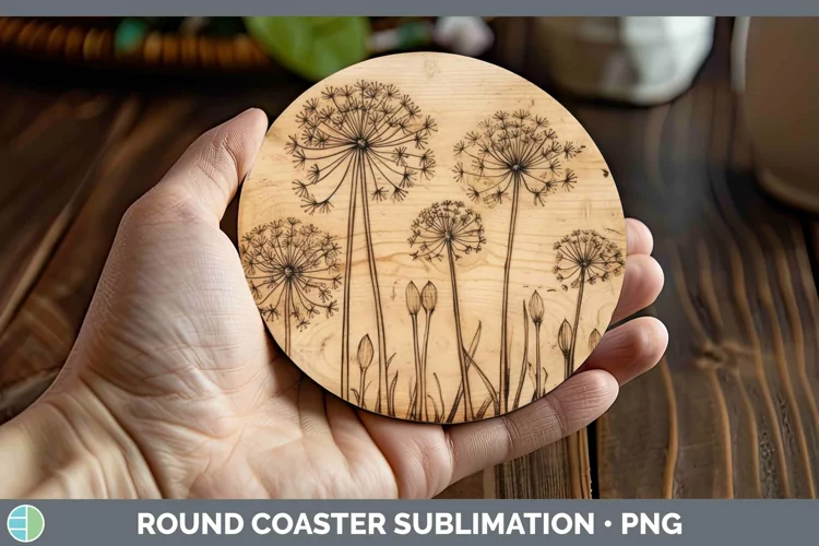 Wood Burned Flowers Allium Round Coaster Sublimation Coaster