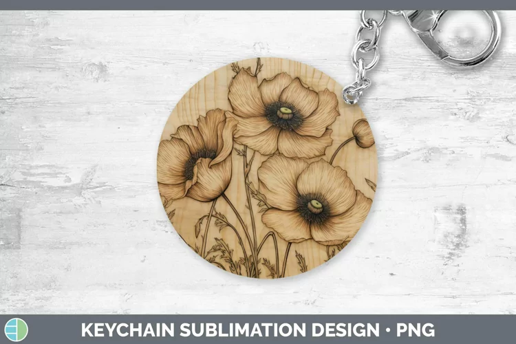 Wood Burned Flowers Anemone Keychain Sublimation Keyring Des