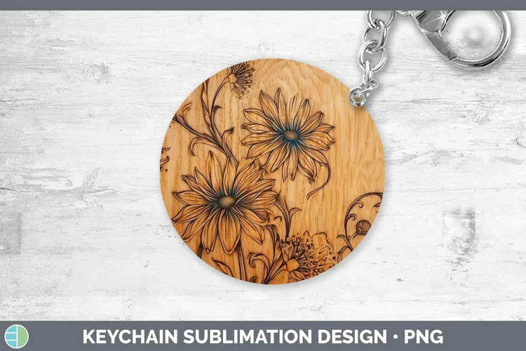 Wood Burned Flowers Aster Keychain Sublimation Keyring Desig