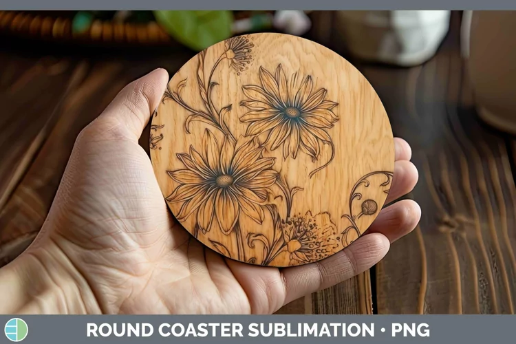 Wood Burned Flowers Aster Round Coaster Sublimation Coaster