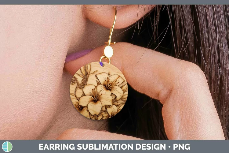 Wood Burned Flowers Azalea Round Earrings Sublimation Earrin