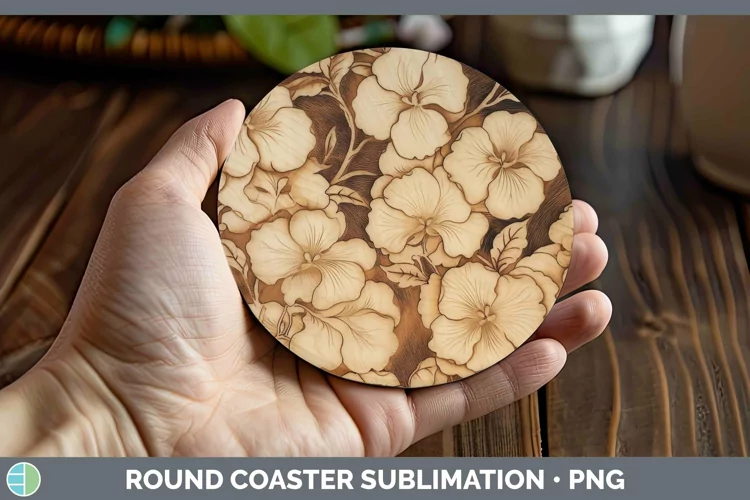 Wood Burned Flowers Begonia Round Coaster Sublimation Coaste