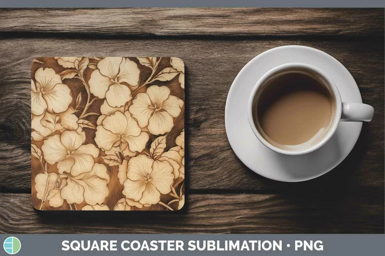 Wood Burned Flowers Begonia Square Coaster Sublimation Coast