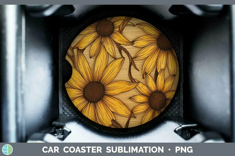 Wood Burned Flowers Black-eyed Susan Car Coaster Sublimation